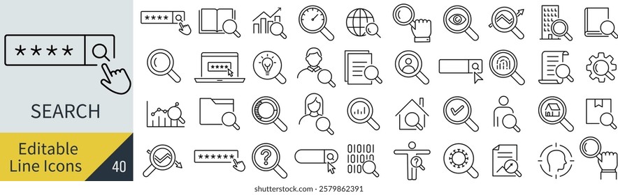 
A vector monochrome line art icon set of search