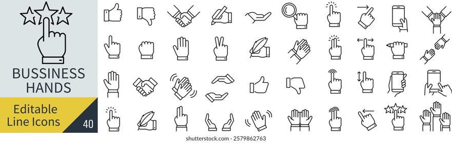 A vector monochrome line art icon set of a businessman’s hands