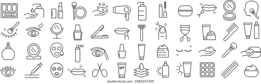 A vector monochrome line art icon set related to cosmetics