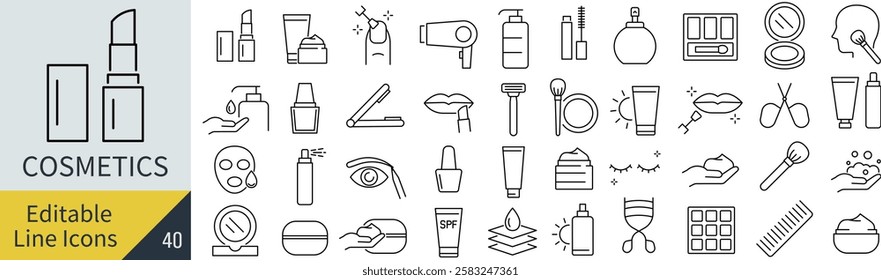 A vector monochrome line art icon set related to cosmetics