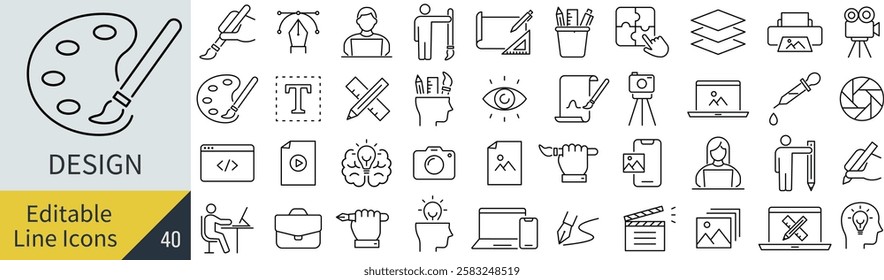 A vector monochrome line art icon set related to design