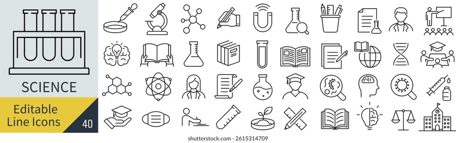 Vector monochrome line art icon set related to science