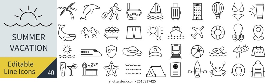 Vector monochrome line art icon set related to summer vacation