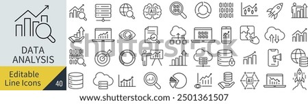 Vector Monochrome Line Art Icon Set for Data Analytics