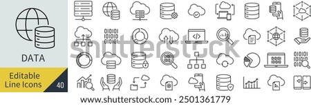 Vector Monochrome Line Art Icon Set for Data