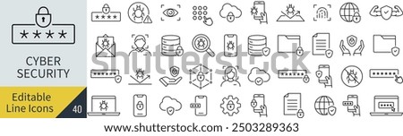 Vector Monochrome Line Art Icon Set for Cybersecurity