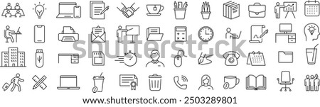 Vector Monochrome Line Art Icon Set for Workplace
