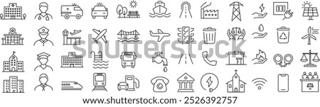 Vector Monochrome Line Art Icon Set on Public Services