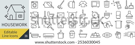 Vector Monochrome Line Art Icon Set on Household Chores