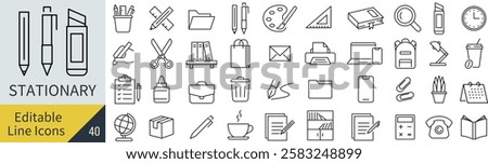 A vector monochrome line art icon set related to stationery