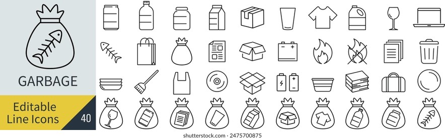 Vector Monocromo Line Art Basura Conjunto de iconos