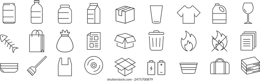 Vector Monocromo Line Art Basura Conjunto de iconos