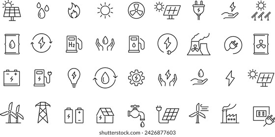 Vector Monochrome Line Drawing Icon Set on Energy