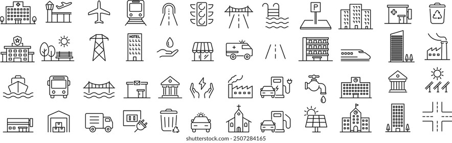 Vector Monochrome Line Drawing Icon Set for Infrastructure