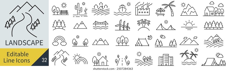 Vector Monochrome Line Drawing Icon Set for Scenery