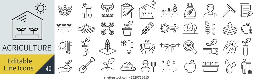 Vector Monochrome Line Drawing Icon Set for Agriculture