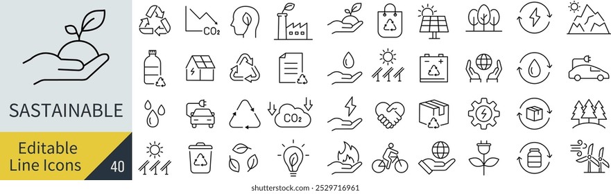 Vector Monochrome Line Drawing Icon Set for Sustainability