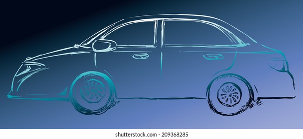 Vector monochrome line drawing sketches in the style of pen on paper. Modern car. Side view
