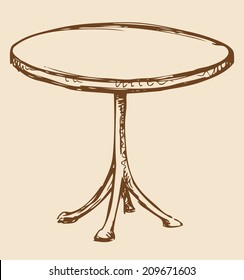 Vector monochrome line drawing sketches in the style of pen on paper. Round table on one foot, divided into four parts from the bottom isolated on beige background. Used in cafes and restaurants