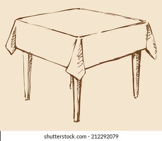 Vector monochrome line drawing sketches in the style of pen on paper. Square table with four legs covered with a tablecloth isolated on beige background. Used in cafes and restaurants