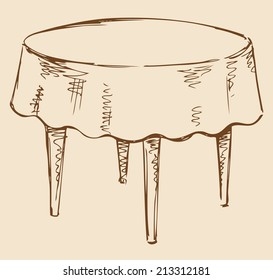 Vector monochrome line drawing sketches in the style of pen on paper. Round table with four legs covered with tablecloth isolated on beige background. Used in cafes and restaurants