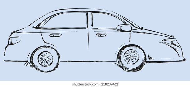Vector monochrome line drawing sketches in the style of pen on paper. Modern car. Side view