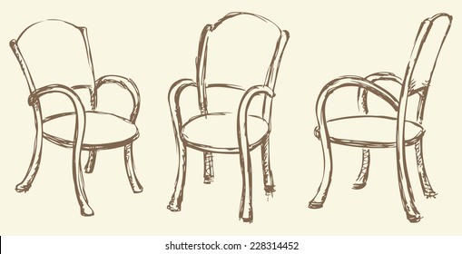 Vector monochrome line drawing sketches in the style of pen on paper. Wooden chairs with armrests, chipped a soft cloth from different angles isolated on white backdrop. Used in cafes and restaurants