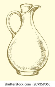 Vector monochrome line drawing style of antiquity engravings on paper from series of illustrations of still life with food. Corked clay flagon with handle isolated on white background