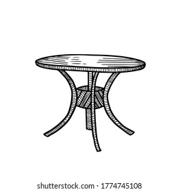 Vektor monochrome Linie Handzeichnung Sketche. Runder Tisch auf 4 Fuß einzeln auf weißem Hintergrund. Wird in Cafés und Restaurants verwendet. Handgezeichnete Illustration