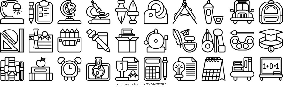 Vector monochrome line icon set for back to school