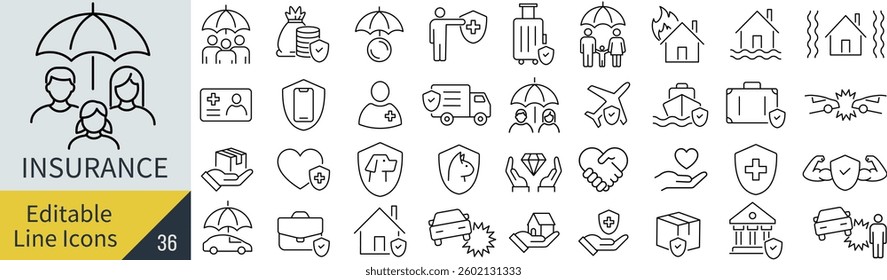 Vector monochrome line icon set related to insurance