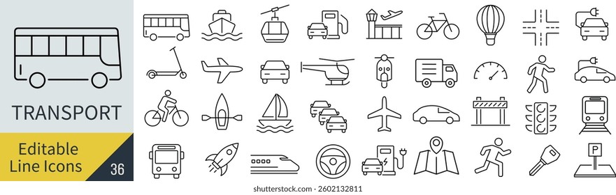 Vector monochrome line icon set related to transportation