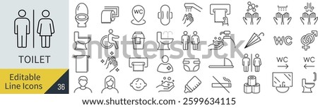 Vector Monochrome Line Icon Set Related to Toilets