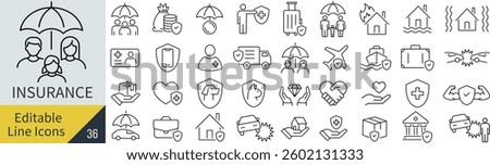 Vector monochrome line icon set related to insurance