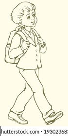 Vector monochrome line image. Cute little boy goes to school in school uniform with backpack