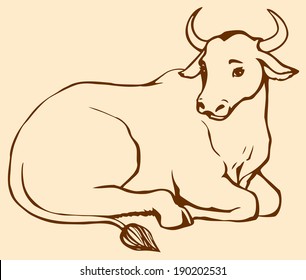 Vector monochrome linear picture of lying cow with big horns
