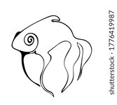 Vector monochrome lineart illustration with isolated abstract fish. Grunge image, graphic design. Logo, icon template. Animalistic illustration.