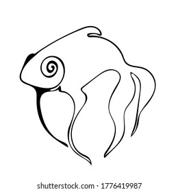 Vector monochrome lineart illustration with isolated abstract fish. Grunge image, graphic design. Logo, icon template. Animalistic illustration.