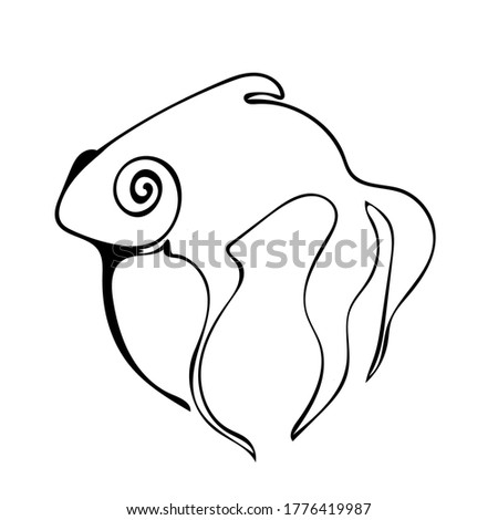 Vector monochrome lineart illustration with isolated abstract fish. Grunge image, graphic design. Logo, icon template. Animalistic illustration.