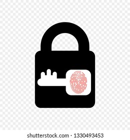Vector monochrome lock icon with key and fingerprint. Element on transparent background.
