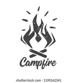 Vector monochrome logo with campfire and logs. White background.