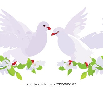 Vector monochrome loving flying doves with rings in their beak. Bird of love and hope.