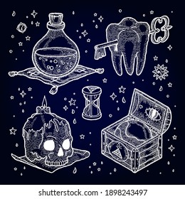 Vector Monochrome Magic Element Set in Mysterious Style. Mystical Human Skull and Candle, Wooden Chest with Masonic Symbol and Globe, Hourglass, Glass Bottle of Potion and Tooth with Keyhole, Ancient Key