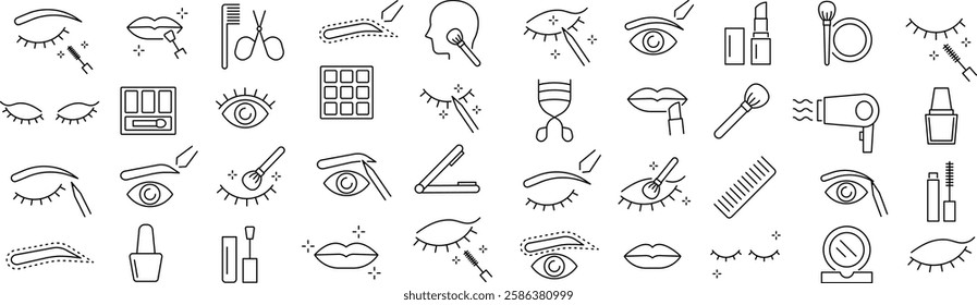 Vector Monochrome Makeup Line Art Icon Set