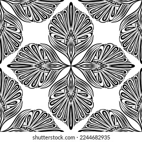 Vector monochrome mandala vintage pattern. Black silhouette tracery flower ornament  on white background. Floral rococo tile texture for fabrics and wallpapers.