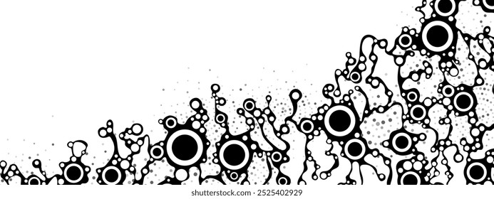 Vector monochrome mesh background frame. Texture of chaotic circles, dots. Сosmic path. Internet is a web. Dance. Communication of people. Poster for medicine, technology, business. Random movements. 