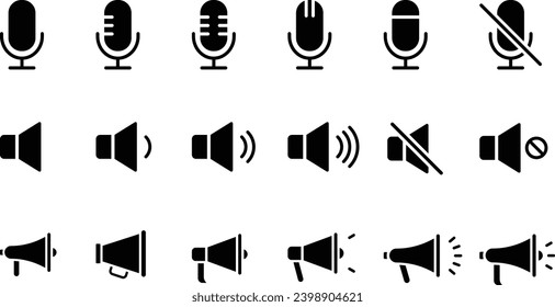 Monochrome Vektor-Mikrofone, Megaphone und Lautsprecher-Symbolsatz