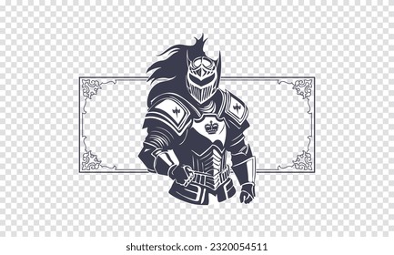 Vector monochrome mighty ancient legendary knight in armor on the background of a vintage frame with patterns. Isolated background.