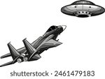 vector monochrome military jet fight with ufo