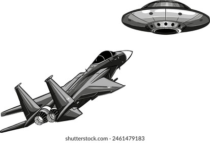 vector monochrome military jet fight with ufo